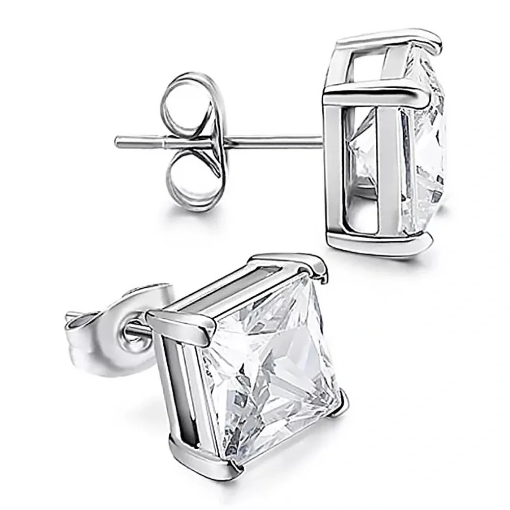 4-7mm Square Cut VVS Diamond 925 Silver Pin Studs